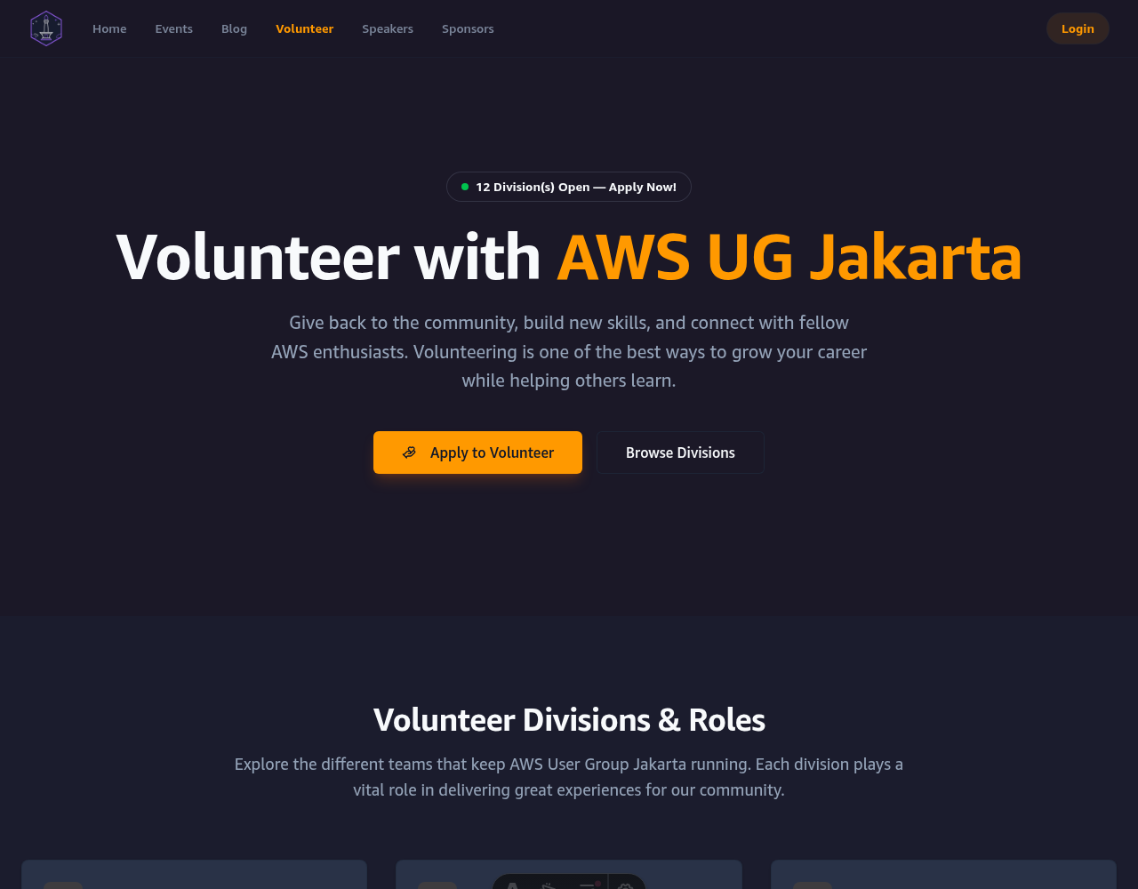 Volunteer page overview and open divisions