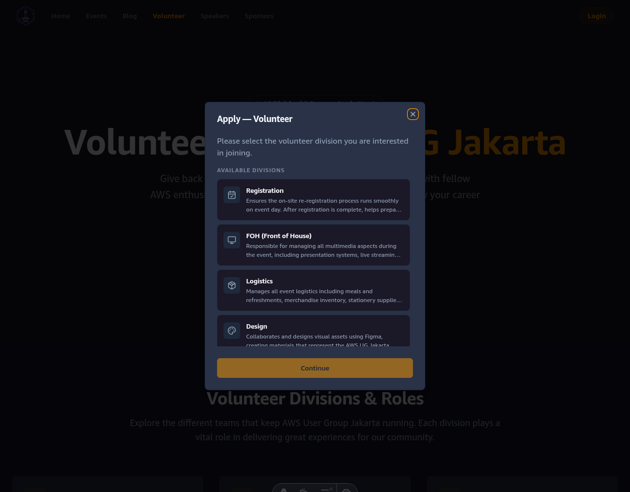 Interactive volunteer division selection modal