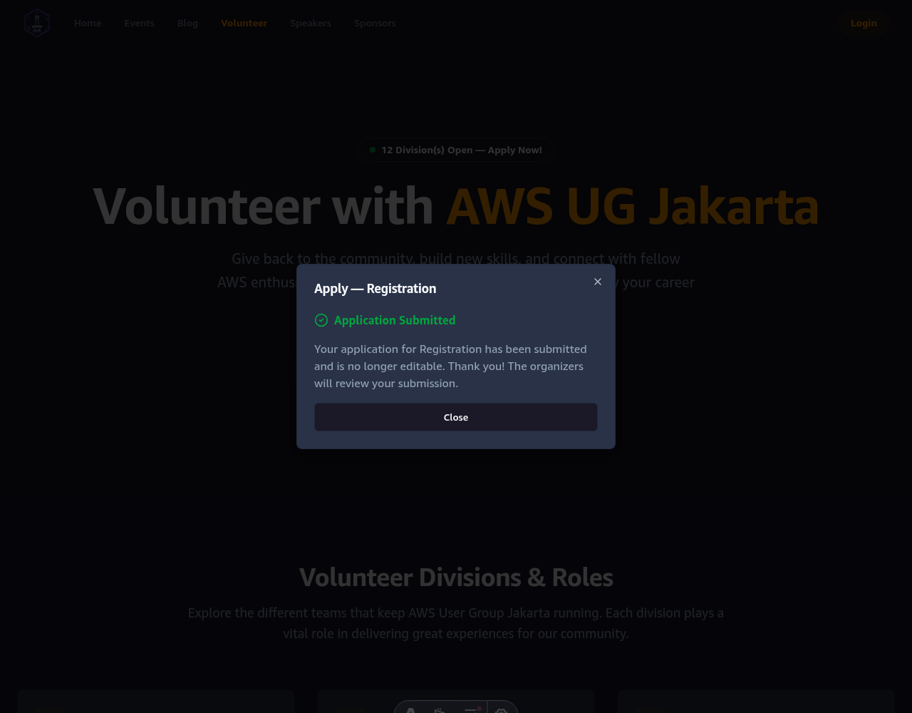 Volunteer application success and submission confirmation